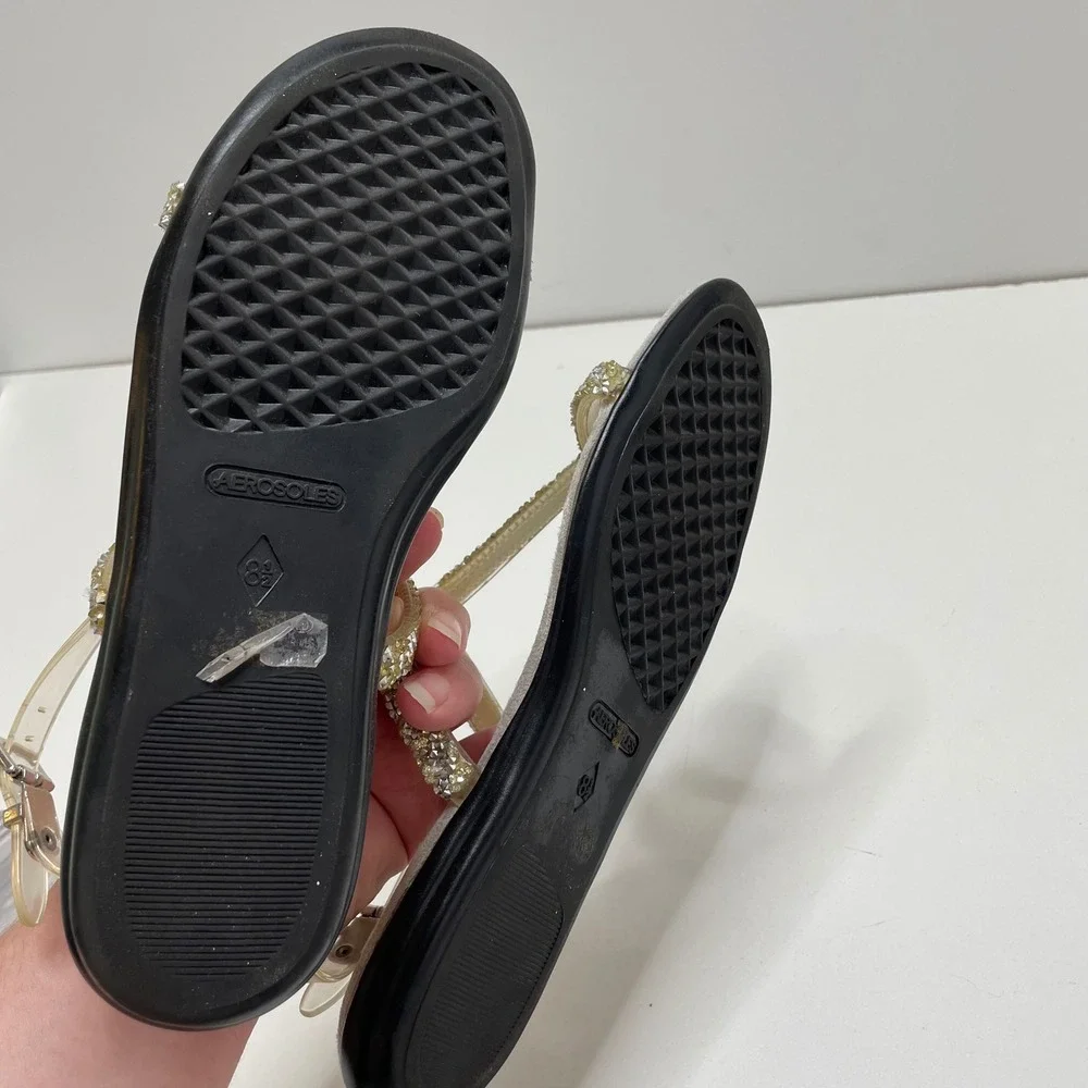 Aerosoles Womens 8.5 Rhinestone T-Strap Slingback Flat Sandals Gold Silver Glam